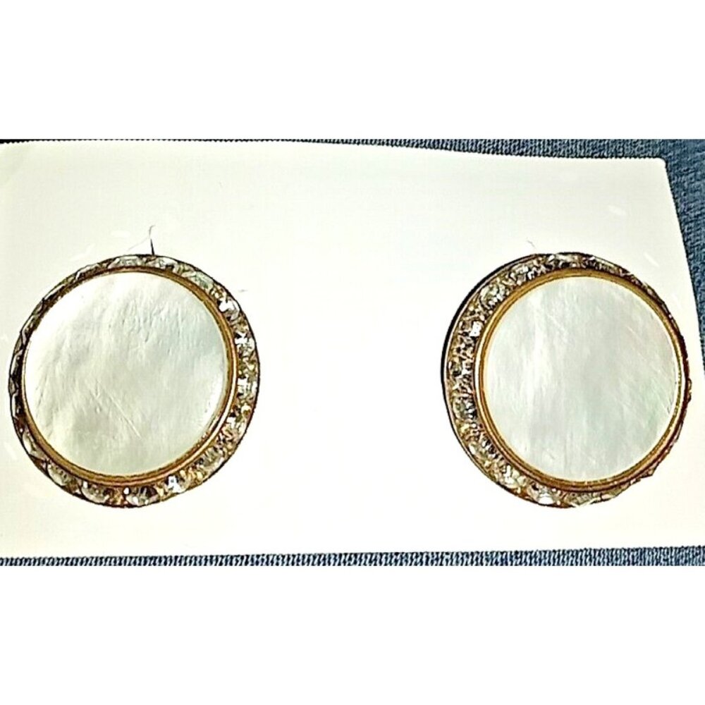 Vintage 1960s Mother Of Pearl Button Brass Clip-On Earrings Pave Set Rhinestones